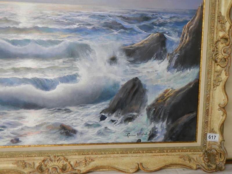 A large 20th century oil on canvas seascape. 109 x 77 cm. - Image 2 of 3