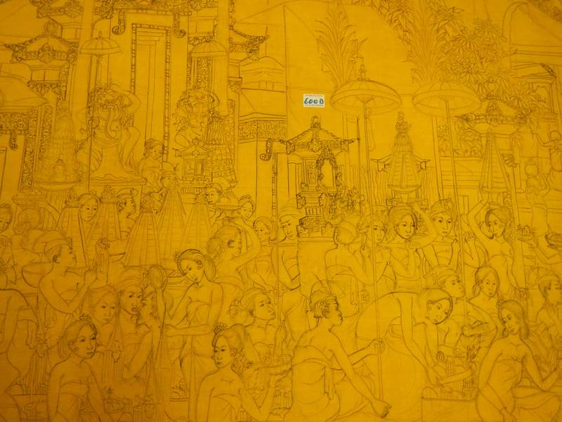 A large unframed drawing on canvas ready to be painted of men and women in a market square - Image 11 of 15