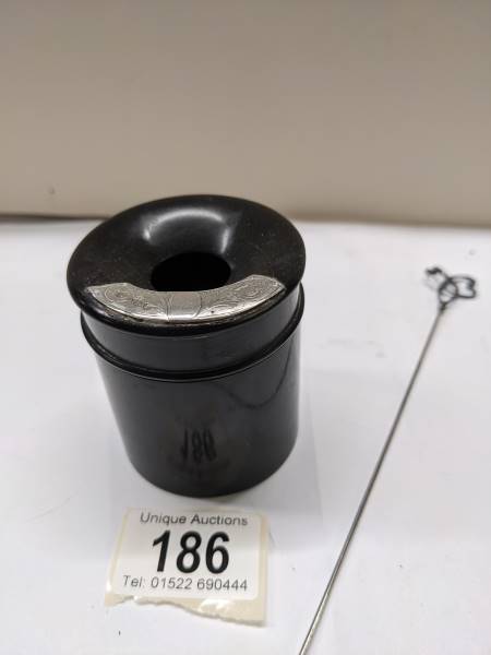 An ebony hair pot with silver mount and a long silver hat pin by Charles Horner. - Image 2 of 3