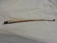 A fibre glass violin bow by P & H London, 63cm long, needs re-stringing.
