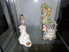 3 pieces of continental Bisque figures & a crested china St Annes Well, Buxton