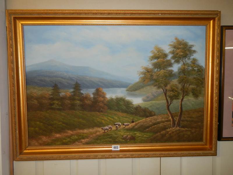 A large gilt framed oil on canvas signed Whitcher. 105 x73 cm.