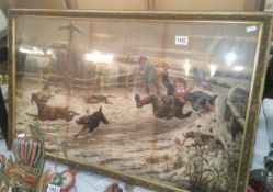 A large gilt framed print of dogs robbing the butchers boy.