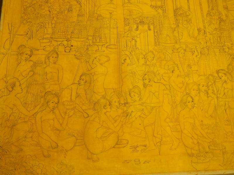 A large unframed drawing on canvas ready to be painted of men and women in a market square - Image 12 of 15