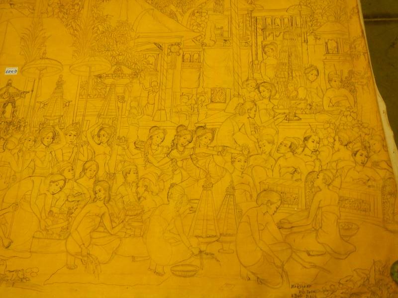 A large unframed drawing on canvas ready to be painted of men and women in a market square - Image 14 of 15