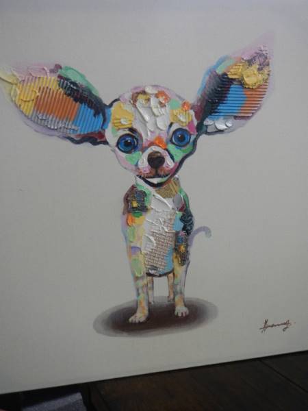 Dog Art:- A painting on canvas Pop Art of a Chihuahua, signed but indistinct, COLLECT ONLY.