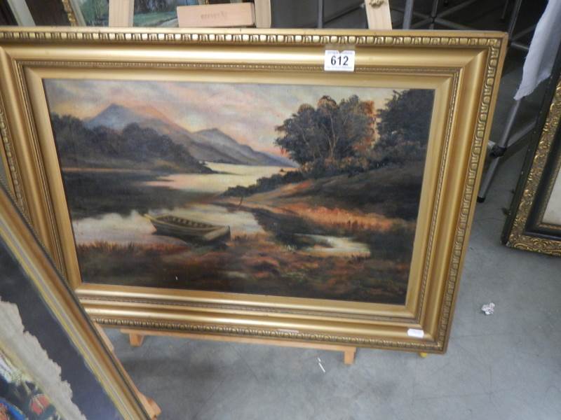A gilt framed Victorian oil on canvas rural scene with boat, 49 x 69 cm.