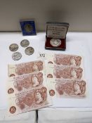Six ten shilling notes, £5 coins etc.,