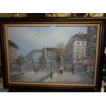 An oil on canvas continental street scene.