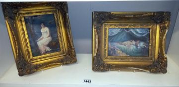 A pair of ormalu gilt framed painted prints of semi clad women - 31cm x 25cm