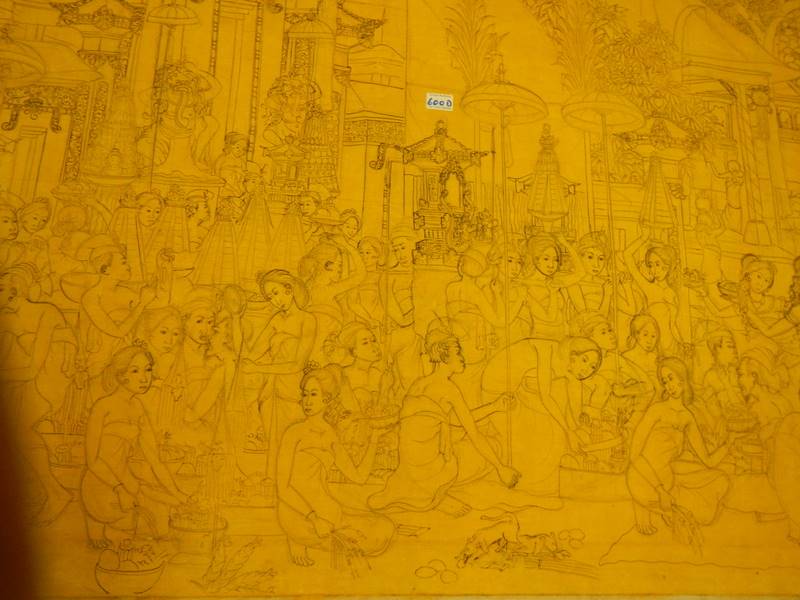A large unframed drawing on canvas ready to be painted of men and women in a market square - Image 13 of 15