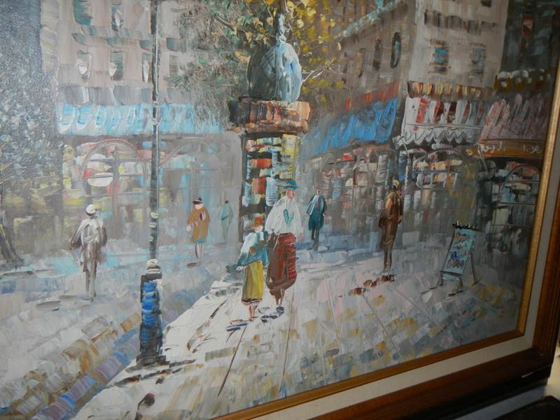 An oil on canvas continental street scene. - Image 2 of 4