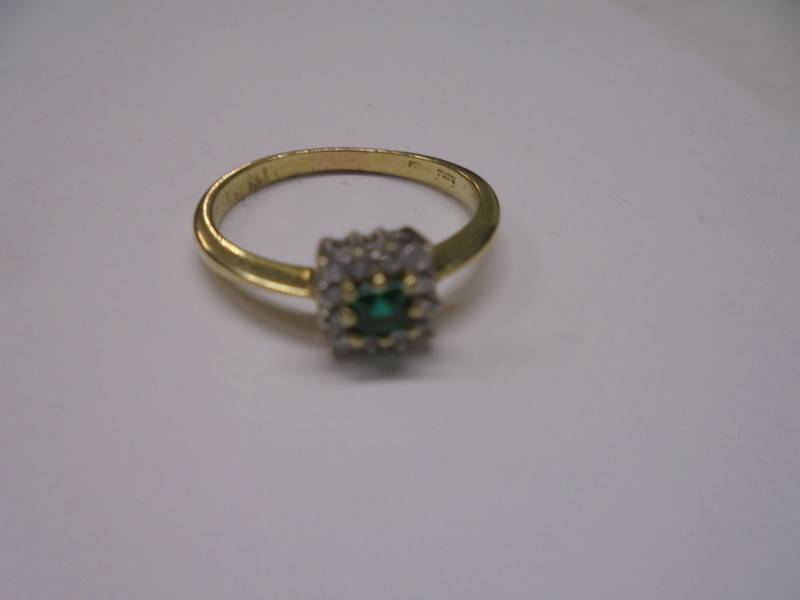 A 18ct yellow gold square shaped emerald and diamond ring, size Q, 3.2 grams. - Image 2 of 2