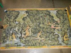 A large unframed painting on canvas of girls a forest signed Marfhan P D Tegal, Baili, 120 x 210 cm.