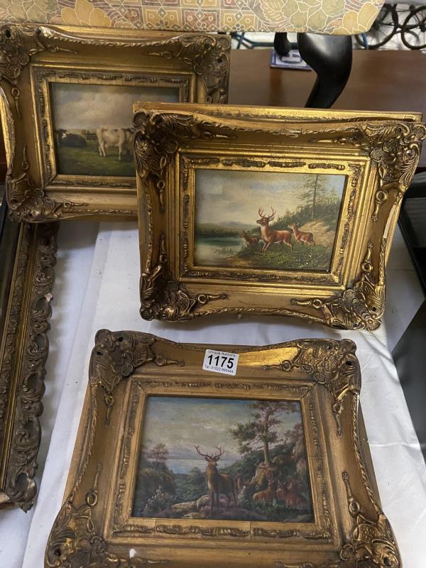 3 ormalu gilt framed pictures of Stags & cattle - 17cm x 12cm, frame - 25cm x 30cm