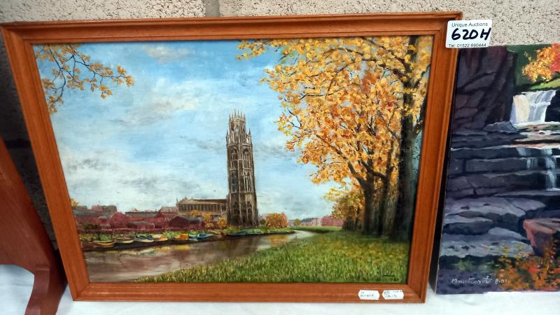 A framed 20th century British school oil on canvas entitled 'Boston Stump on the river' signed - Image 2 of 5