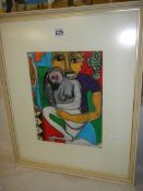 Fernando Leal (1900-1964) (attributed) Oil pastel cubist abstract work 'The embrace' signed