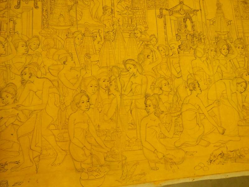 A large unframed drawing on canvas ready to be painted of men and women in a market square - Image 7 of 15