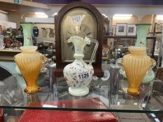 Pr victorian painted vases ,1 jug, and pr later amber glass vases