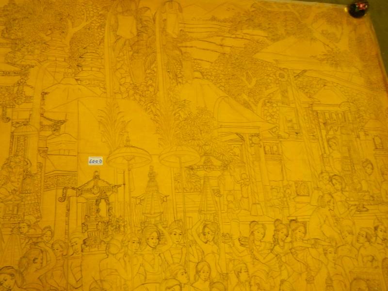 A large unframed drawing on canvas ready to be painted of men and women in a market square - Image 10 of 15