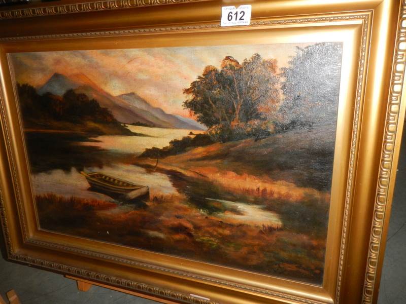 A gilt framed Victorian oil on canvas rural scene with boat, 49 x 69 cm. - Image 2 of 2