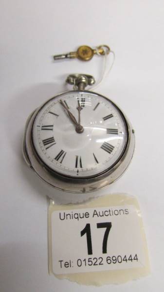 A matching pair case crown and verge pocket watch with key, working order, silver case, London 1783,