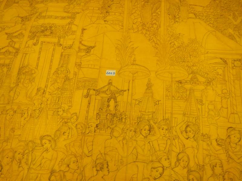 A large unframed drawing on canvas ready to be painted of men and women in a market square - Image 15 of 15