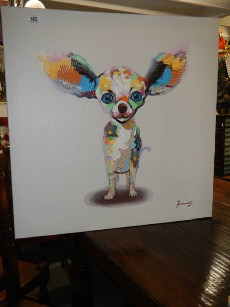 Dog Art:- A painting on canvas Pop Art of a Chihuahua, signed but indistinct, COLLECT ONLY. - Image 3 of 3