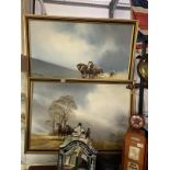 A pair of large paintings on canvas of working heavy horses - 100cm x 69cm