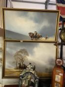 A pair of large paintings on canvas of working heavy horses - 100cm x 69cm