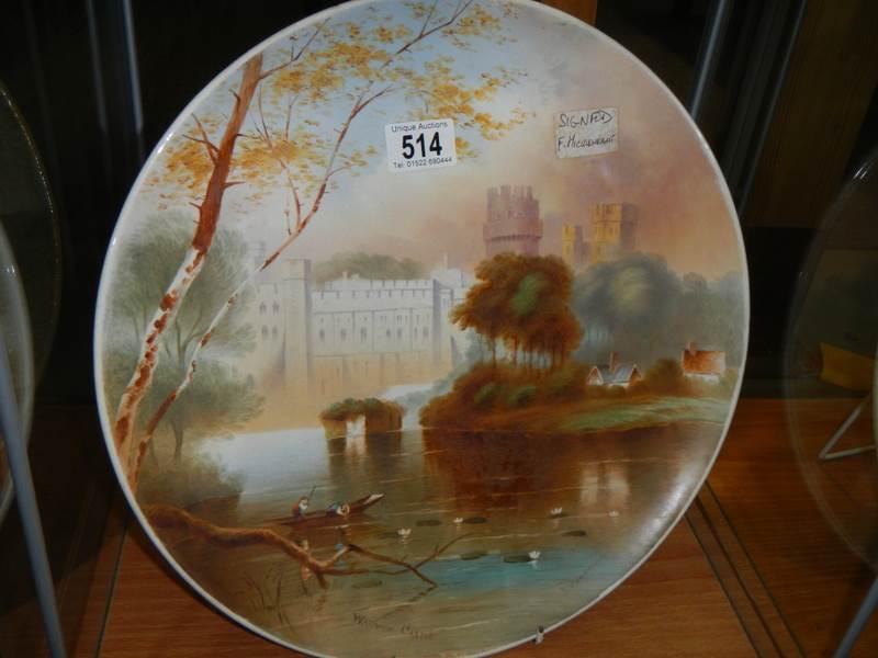 A beautifully hand painted antique wall plaque of Warwick castle signed F Micklewright (Frederick)
