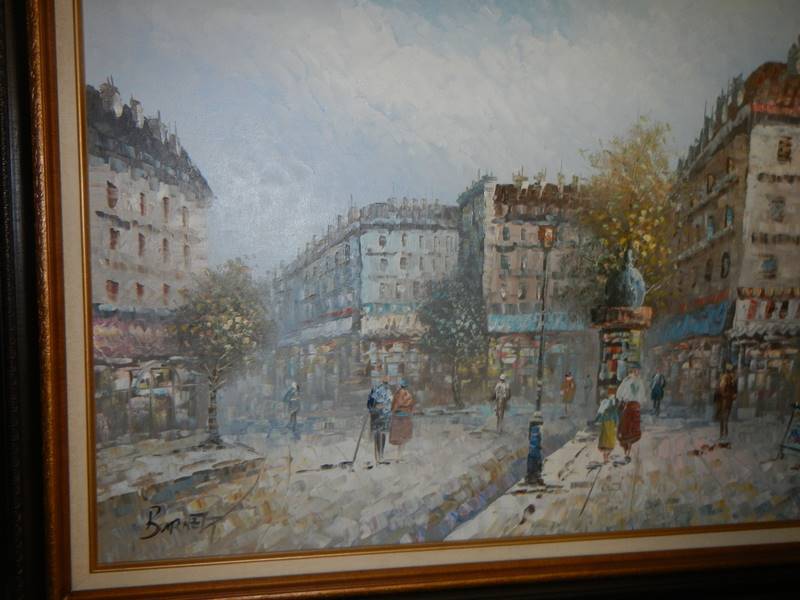 An oil on canvas continental street scene. - Image 4 of 4