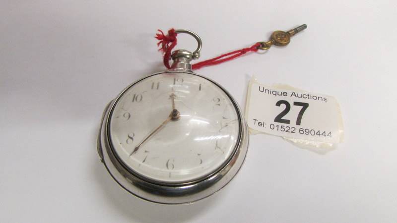 A pocket watch/matching pair case/crown & verge/with key, silver London 1771, bullseye glass,
