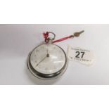 A pocket watch/matching pair case/crown & verge/with key, silver London 1771, bullseye glass,