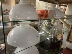 A good selection of Victorian hanging oil lamp glass shades & chimneys (5 shelves)