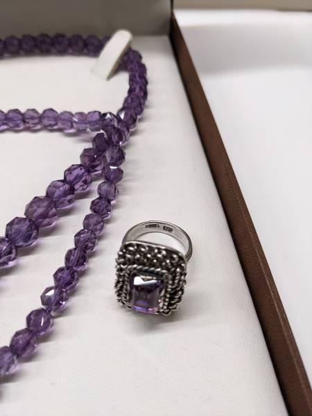 A long natural amethyst necklace and an amethyst ring circa 1970's in a heavy textured mount. - Image 3 of 3