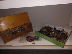 A box of vintage padlocks, a quantity of old keys & 2enamel & 1 plastic boat licence plaques