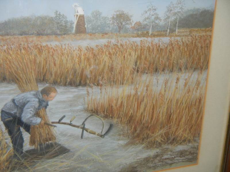 A fine watercolour by Jasmin Bowles (Norfolk artist) of a reed cutter at Howhil Ludham, Norfolk, - Image 2 of 4