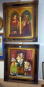 2 framed oil on canvas Beryl Cook style pictures, height 85cm, width 75cm