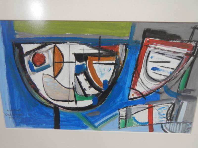 Cornish School abstract painting in acrylics entitled ‘Abstract old boats Newlyn’. - Image 2 of 3