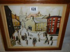 A picture in the style of L S Lowry signed K R Bower, 36 x 31 cm.