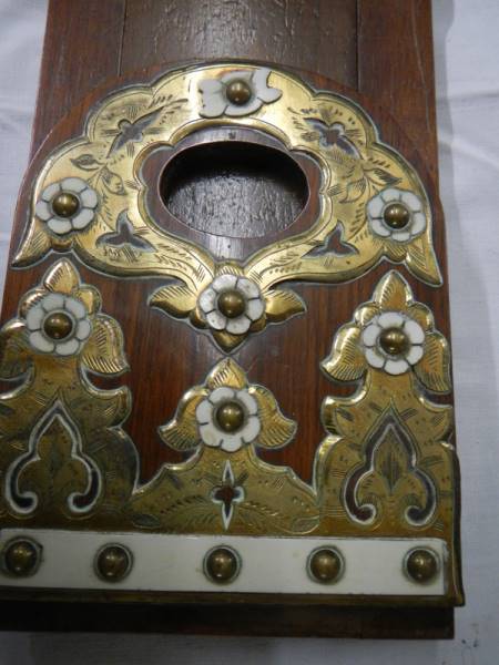 A 19th century ecclesiastical sliding book stand highly decorated with brass and bone, 32.5 - 59cm - Image 3 of 3