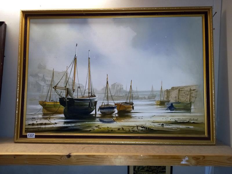 A large painting on canvas of a Harbour scene of boats - 100cm x 70cm (COLLECT ONLY)
