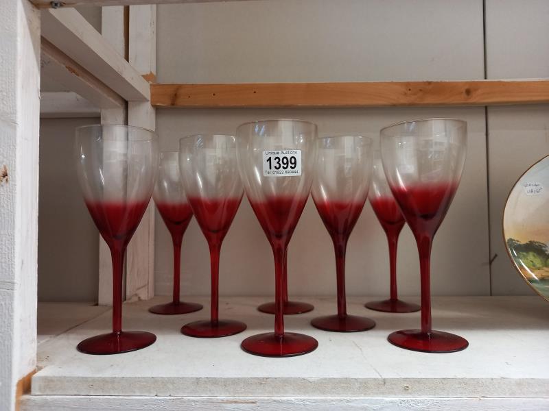 6 ruby glass & clear champagne glasses
