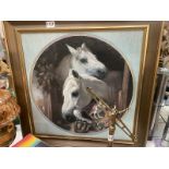 A large round overpainted print of horses in a gilt frame D50cm frame 68cm x 68cm