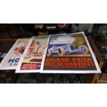 3 vintage posters including Grand Prix, Monaco etc.