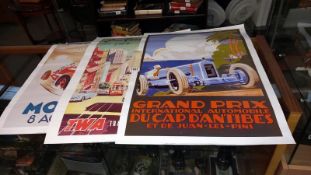 3 vintage posters including Grand Prix, Monaco etc.