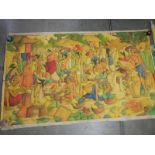 A large unframed painting on canvas of market traders in a village, unsigned, 130 x 224 cm.