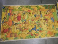 A large unframed painting on canvas of market traders in a village, unsigned, 130 x 224 cm.