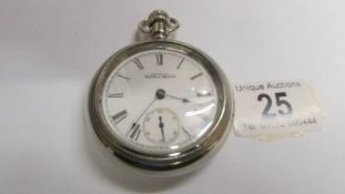 A large Waltham pocket watch, movement date 1906-1907, silvered case, screw on back and bezel,